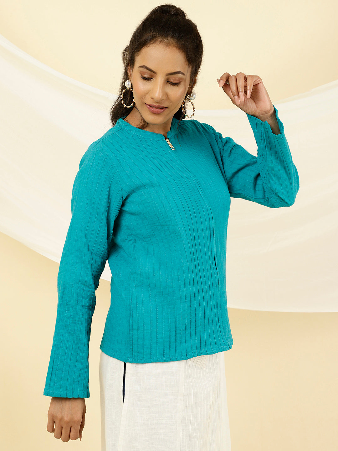 Turquoise Blue Pintuck Cotton Jacket Style Shirt