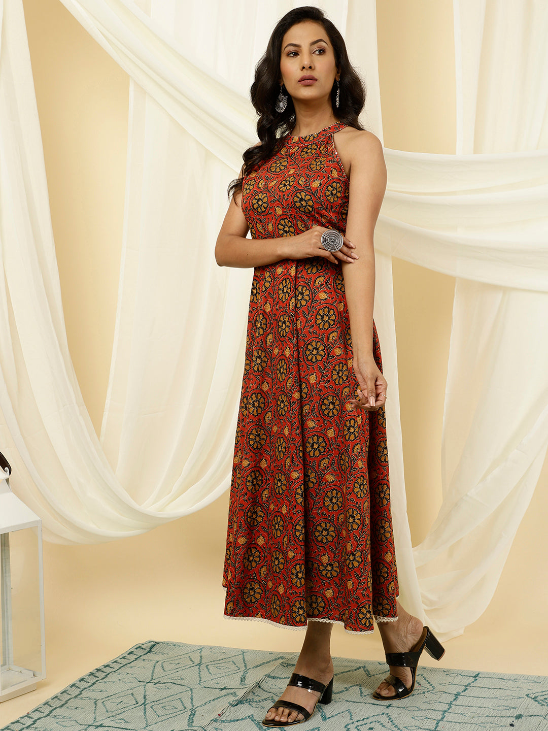 Rust Ethnic Printed Cotton Dress