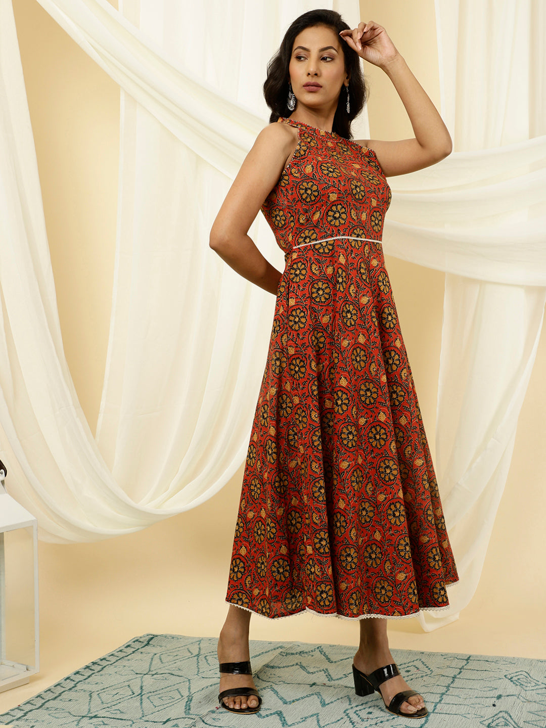 Rust Ethnic Printed Cotton Dress