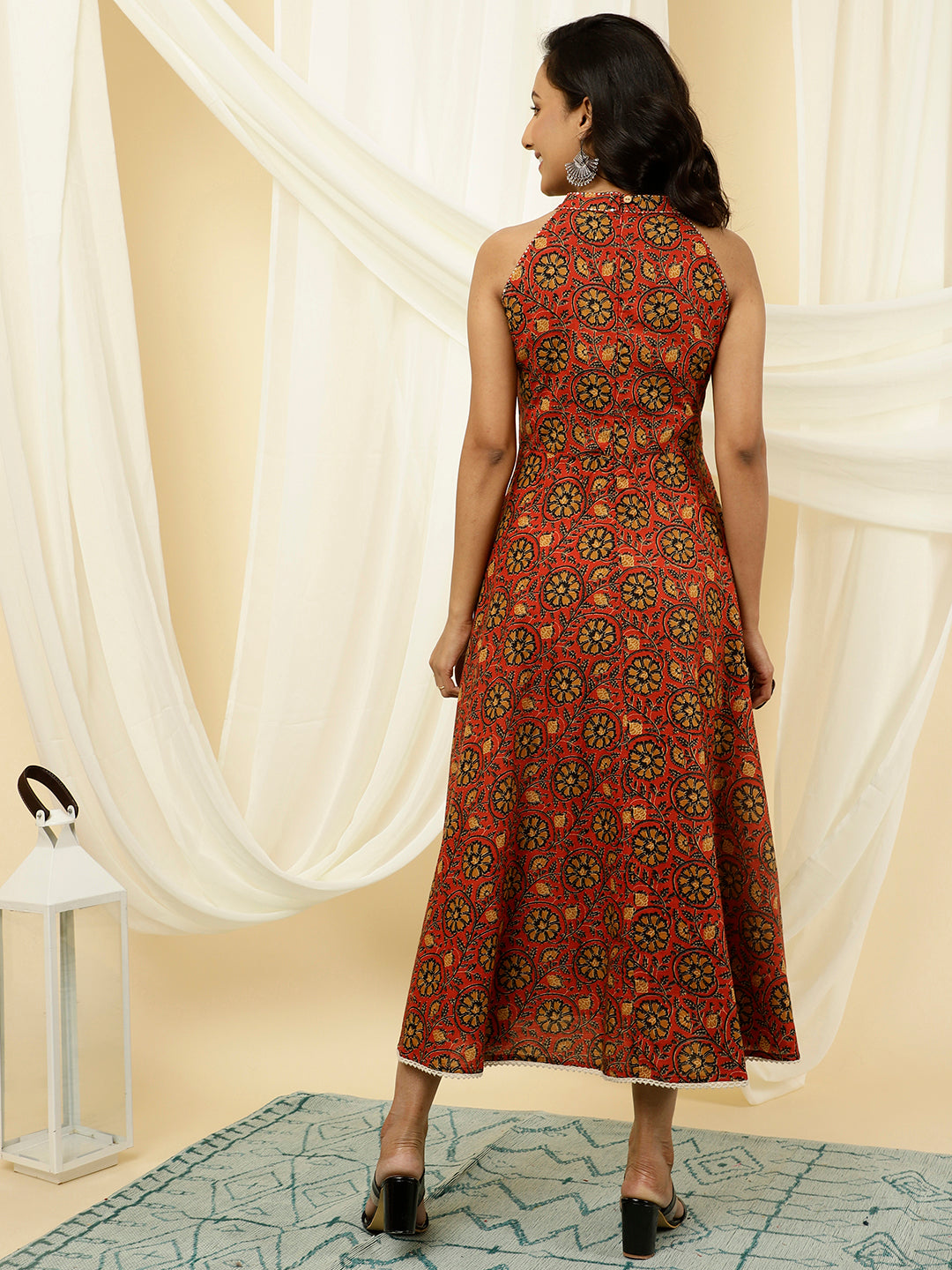 Rust Ethnic Printed Cotton Dress