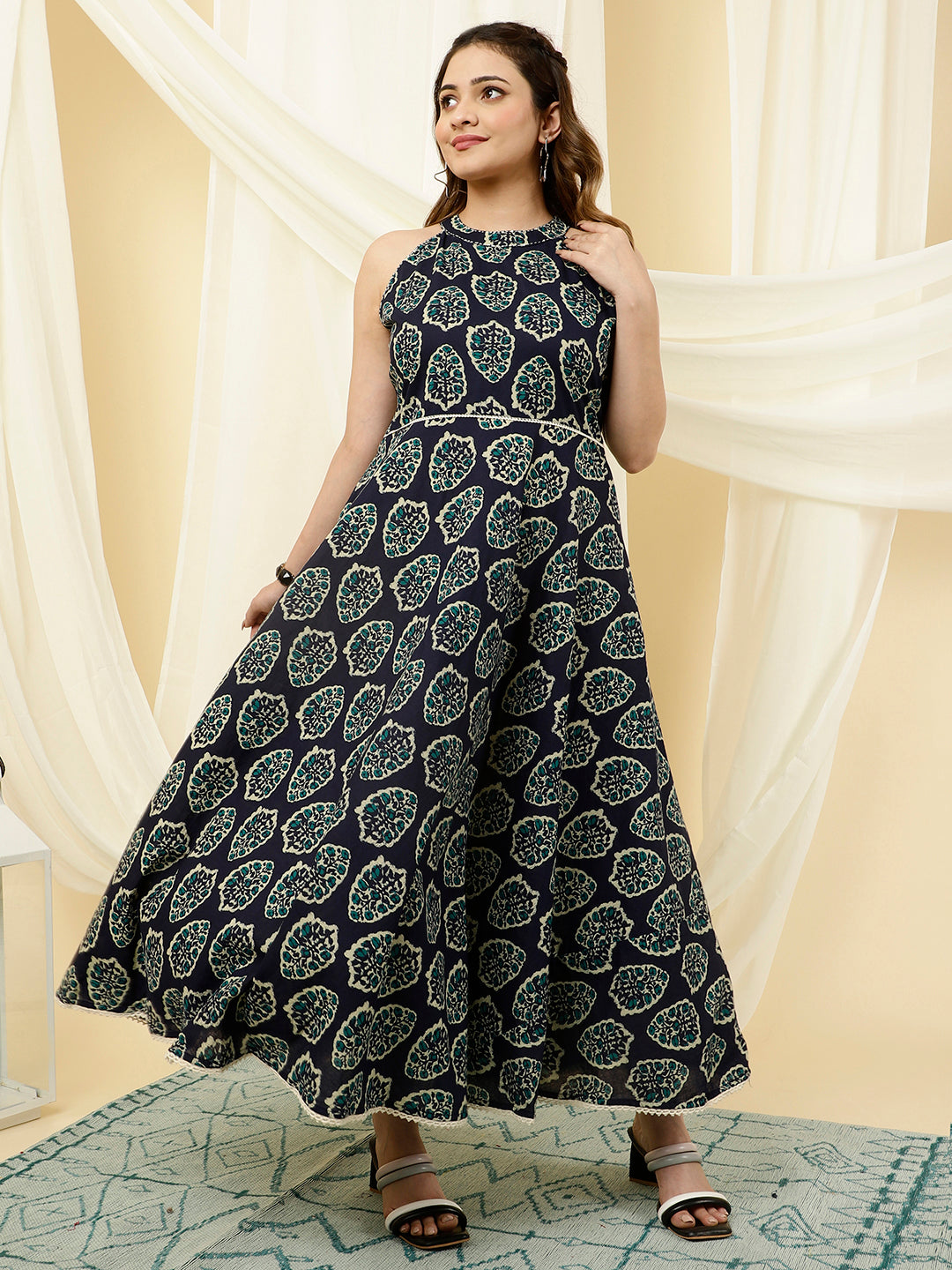 Blue Ethnic Printed Cotton Dress