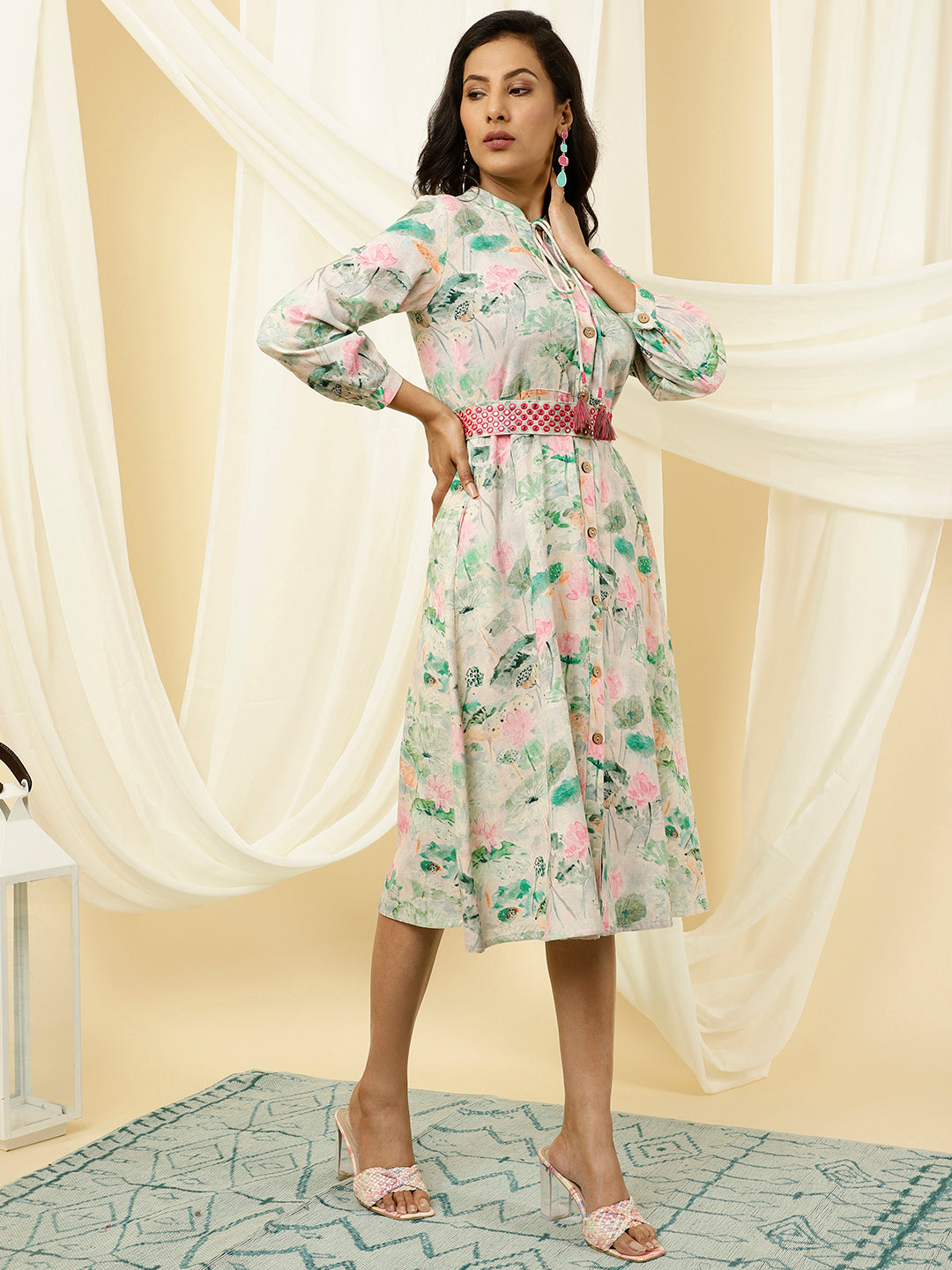 Abstract Print Green A-line Dress With Belt