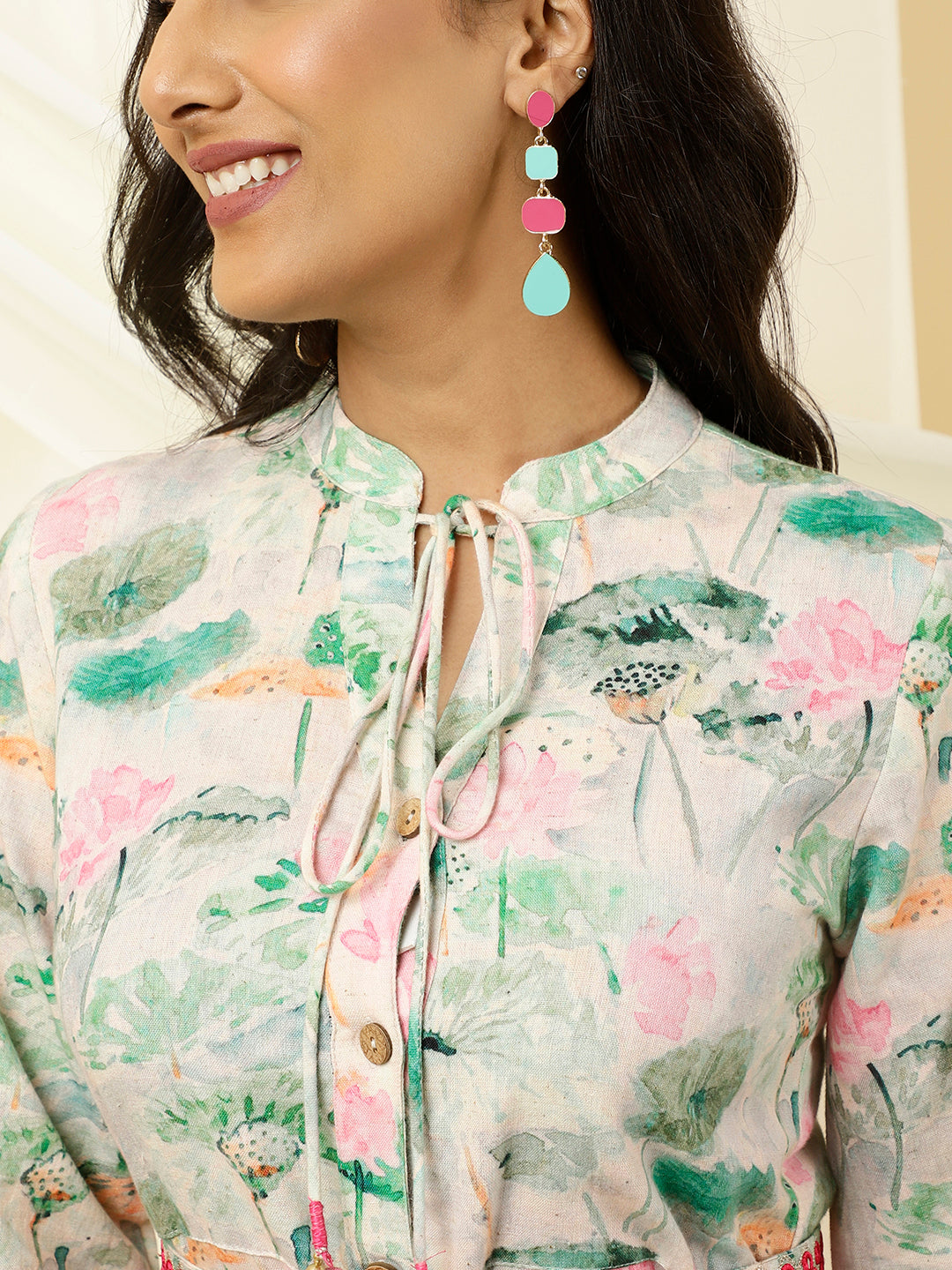 Abstract Print Green A-line Dress With Belt