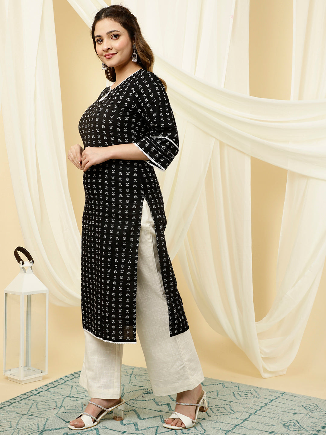 Ethnic Motif Cotton Black Straight Kurta