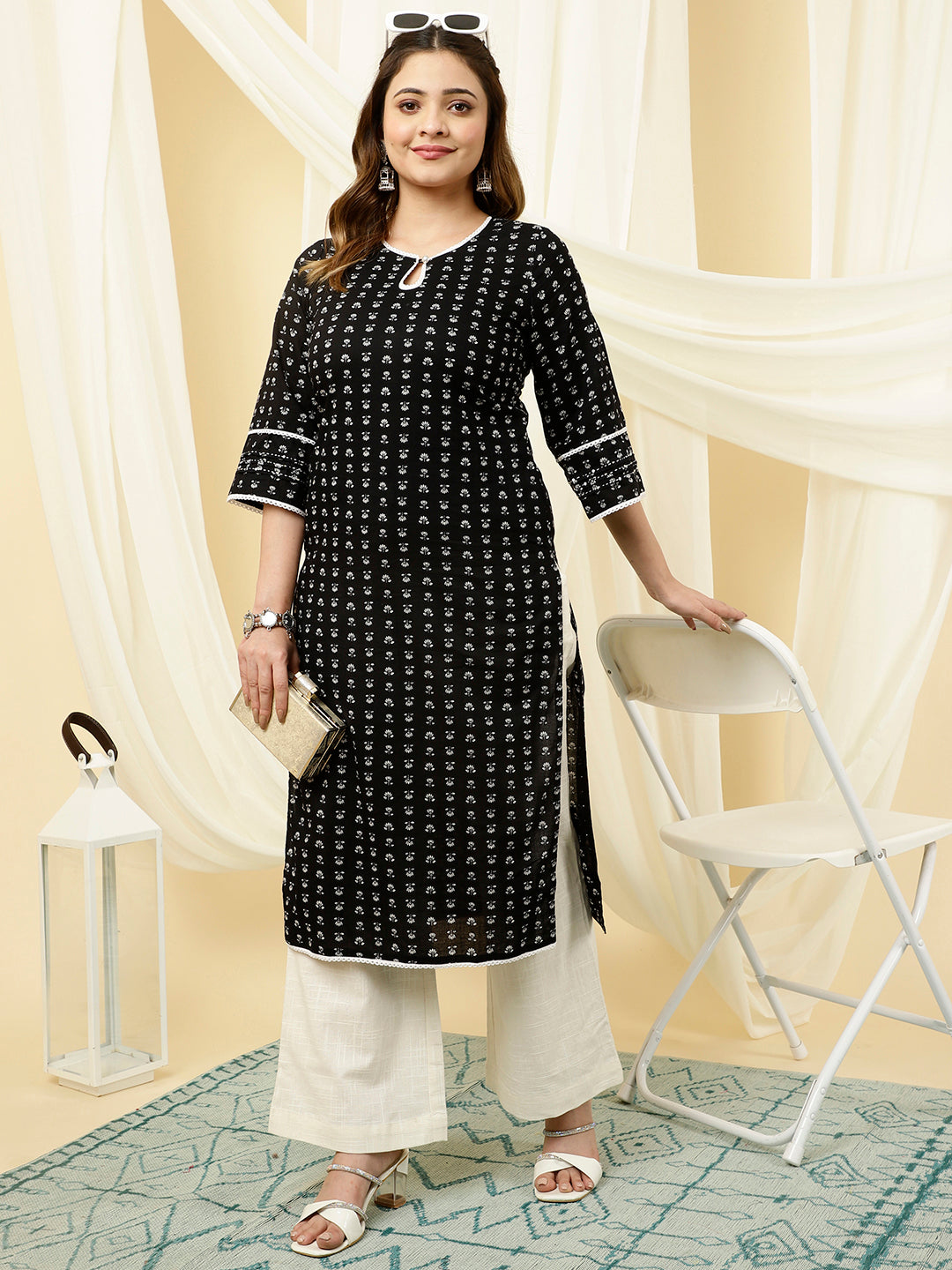 Ethnic Motif Cotton Black Straight Kurta