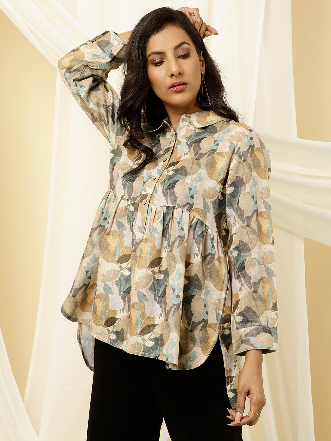 Green Abstract High-Low Gathered Shirt