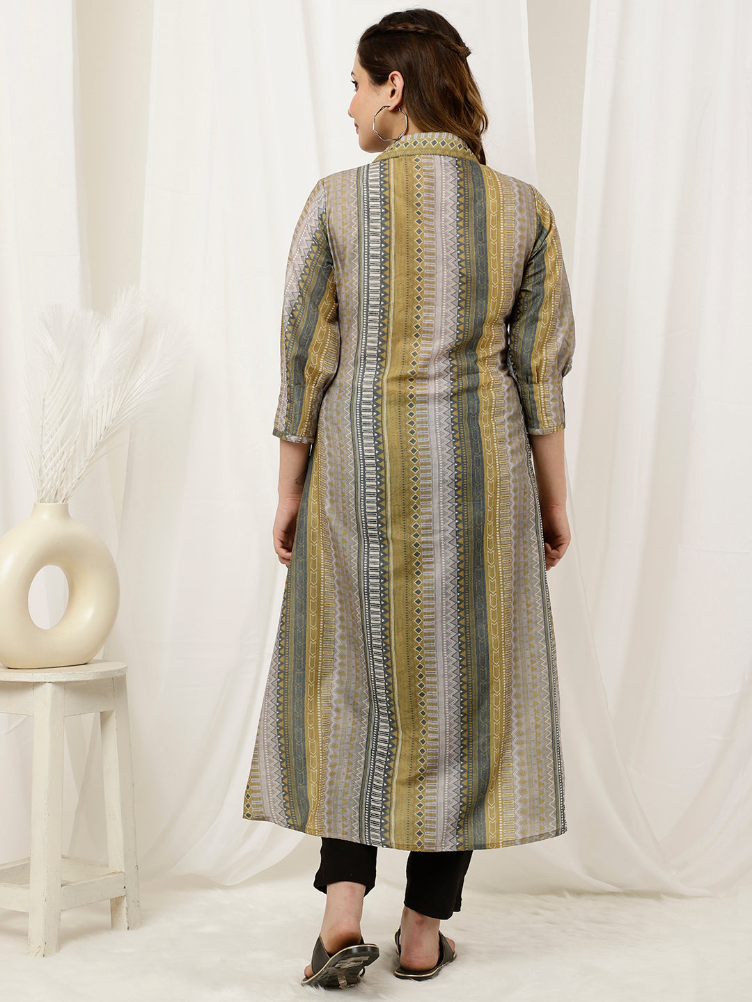 Green Geometric Printed A-line Kurta