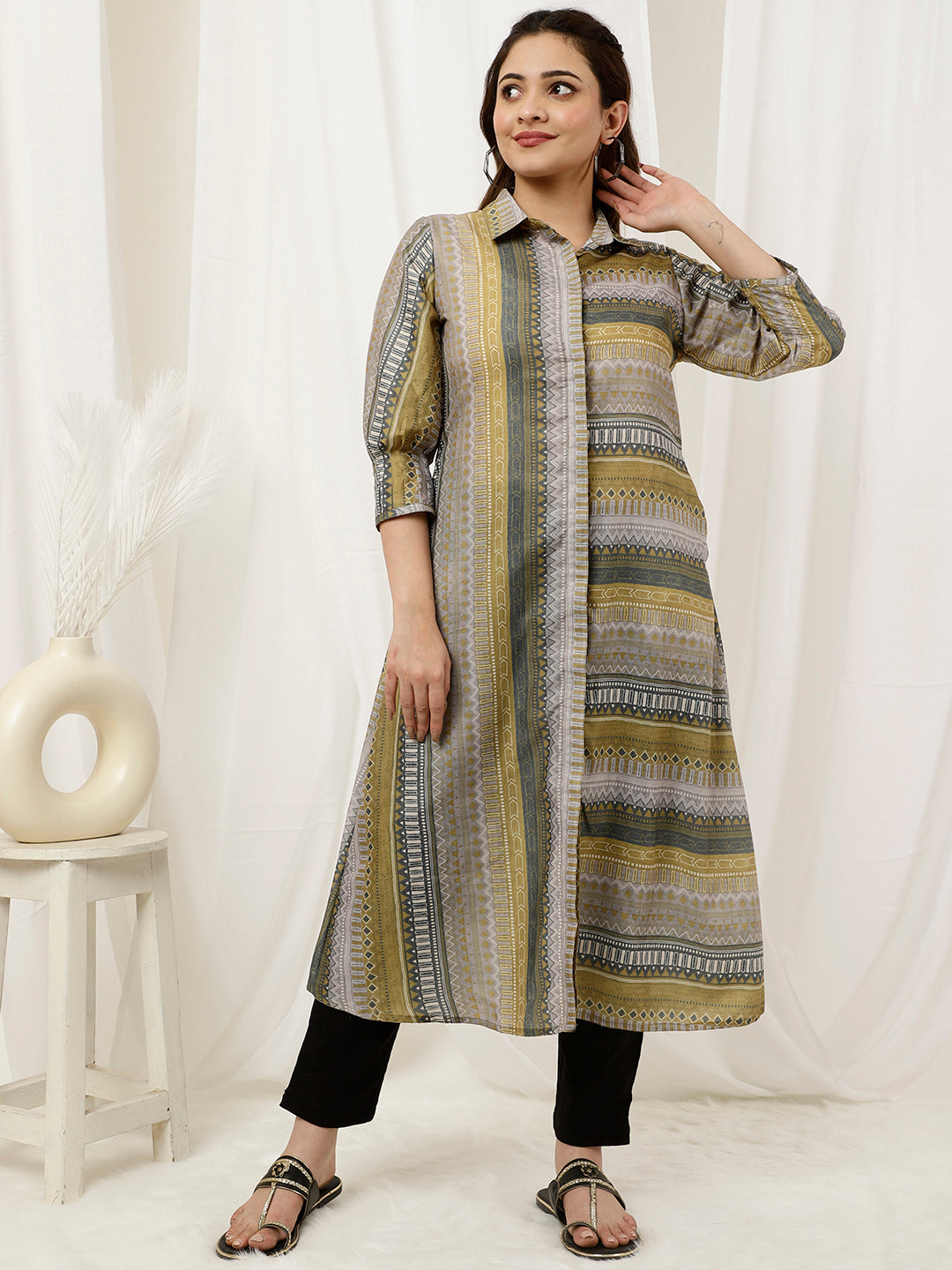 Green Geometric Printed A-line Kurta
