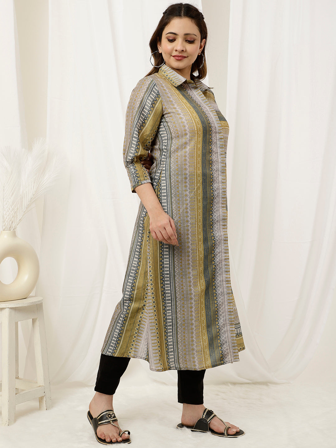 Green Geometric Printed A-line Kurta