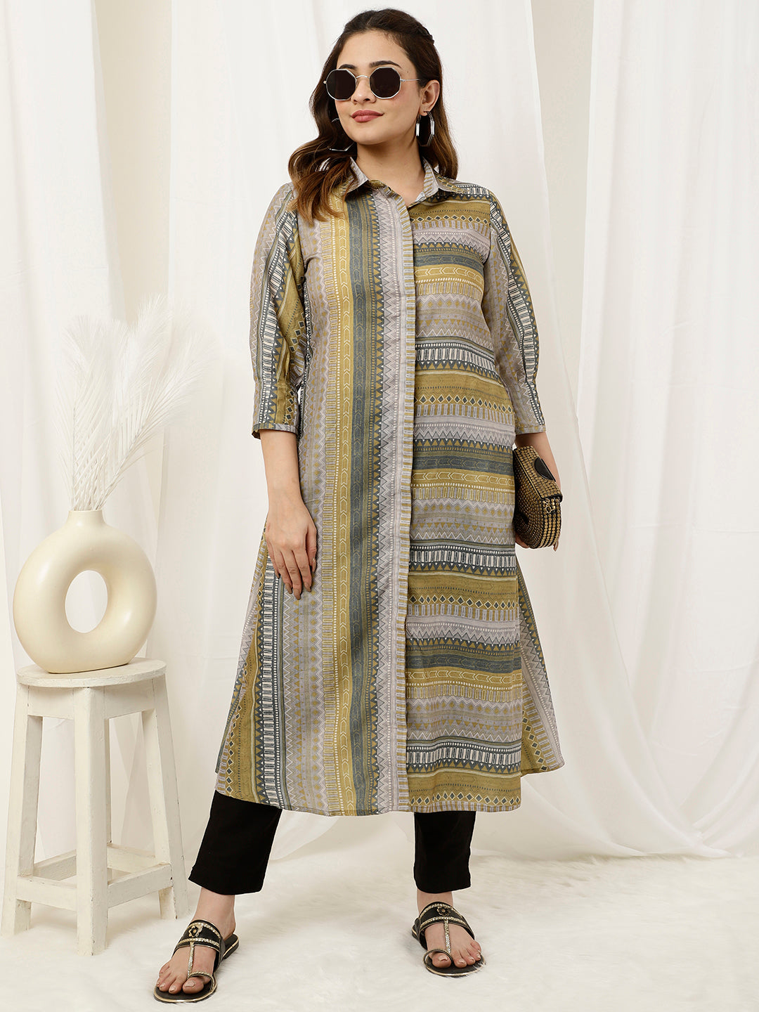 Green Geometric Printed A-line Kurta