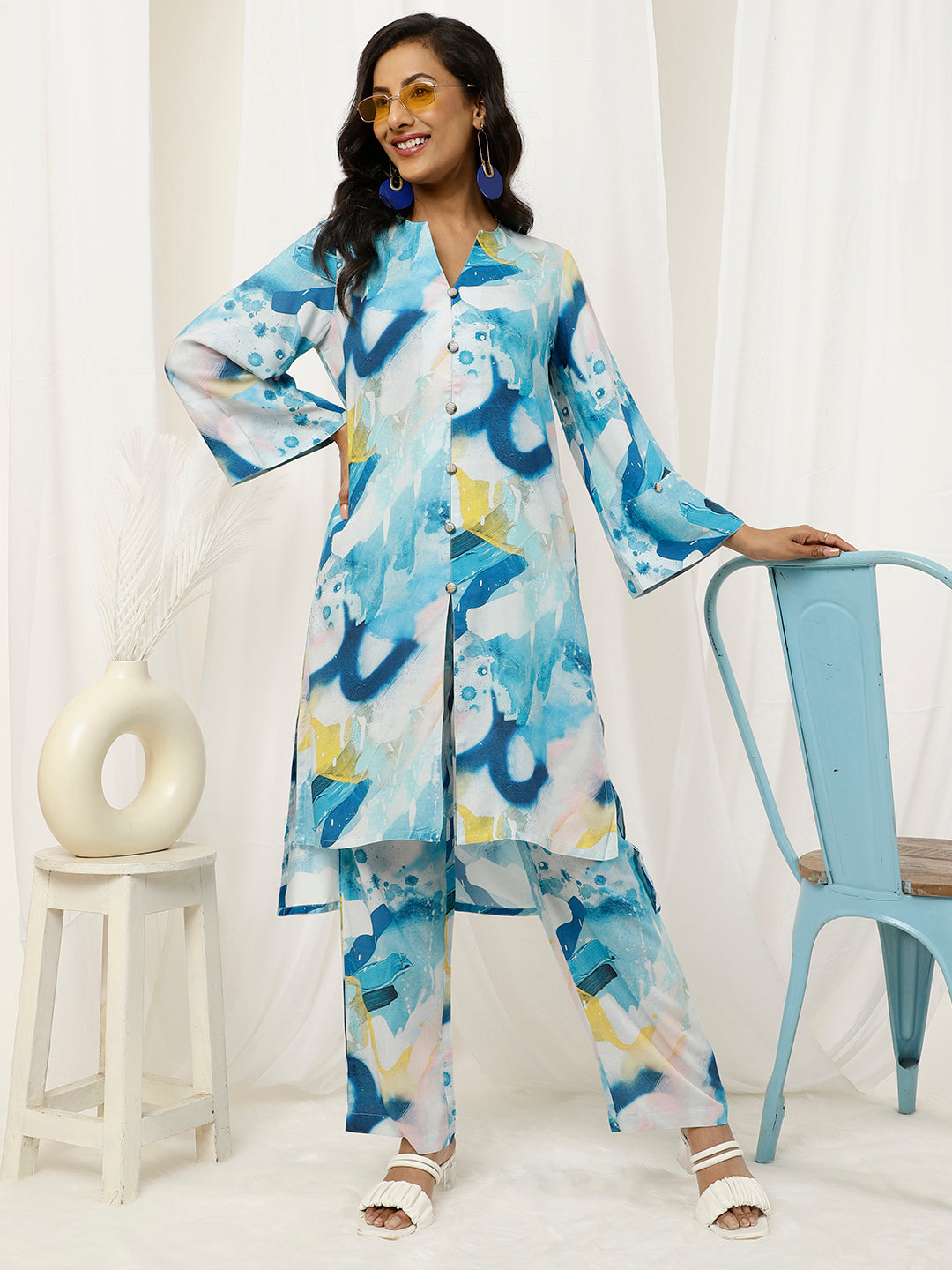 Blue Abstract Print Straight Kurta And Palazzo