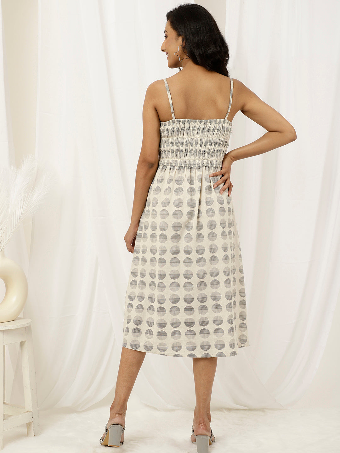 Beige And Black Printed Strappy Cotton Dress With Slits