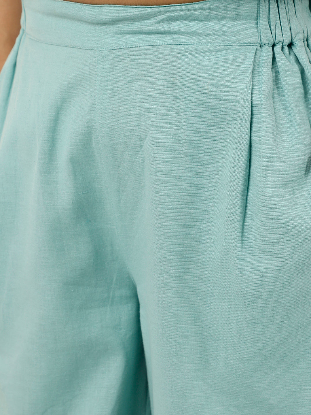 Blue Cropped Shirt With Pants Solid Co-Ord Set