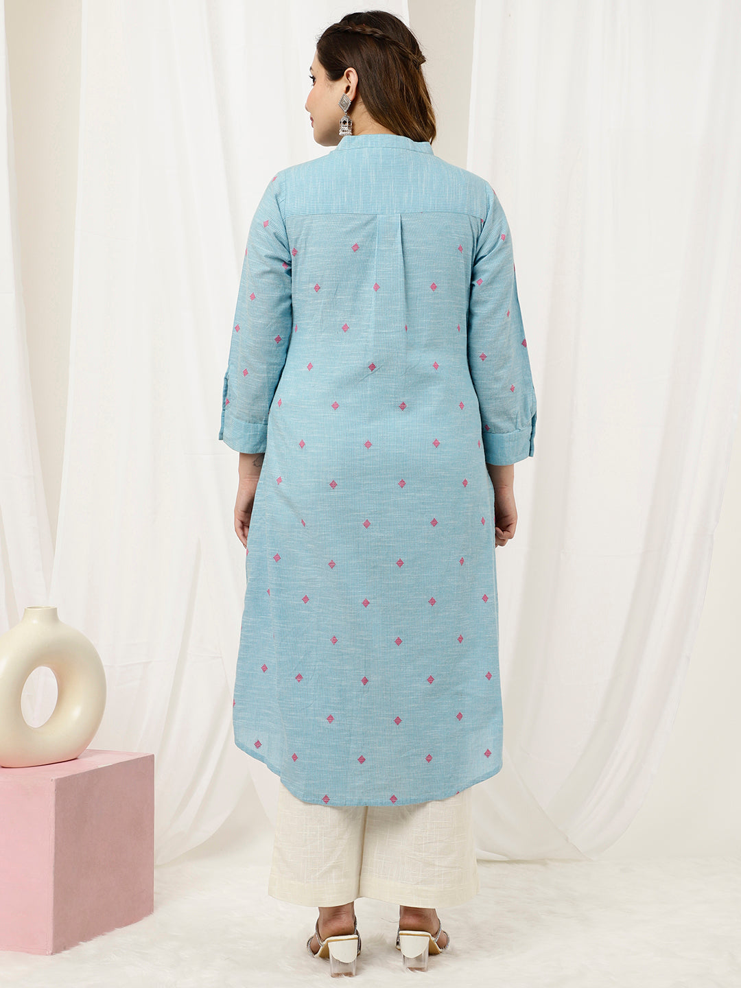 Blue Self-Weave A-line Kurta
