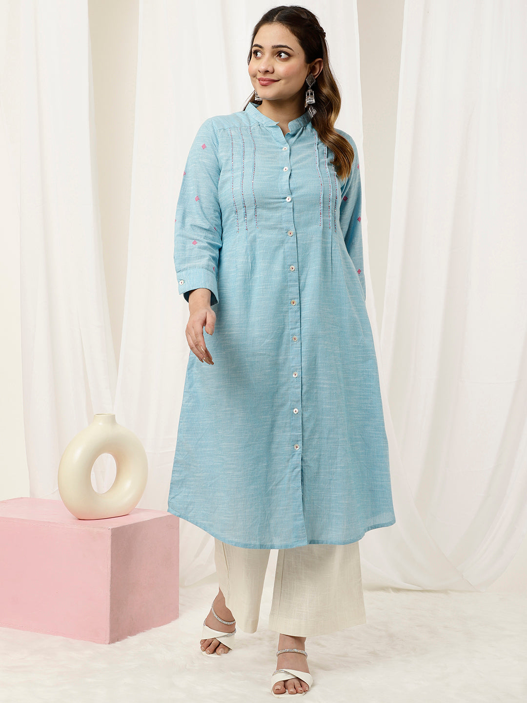 Blue Self-Weave A-line Kurta