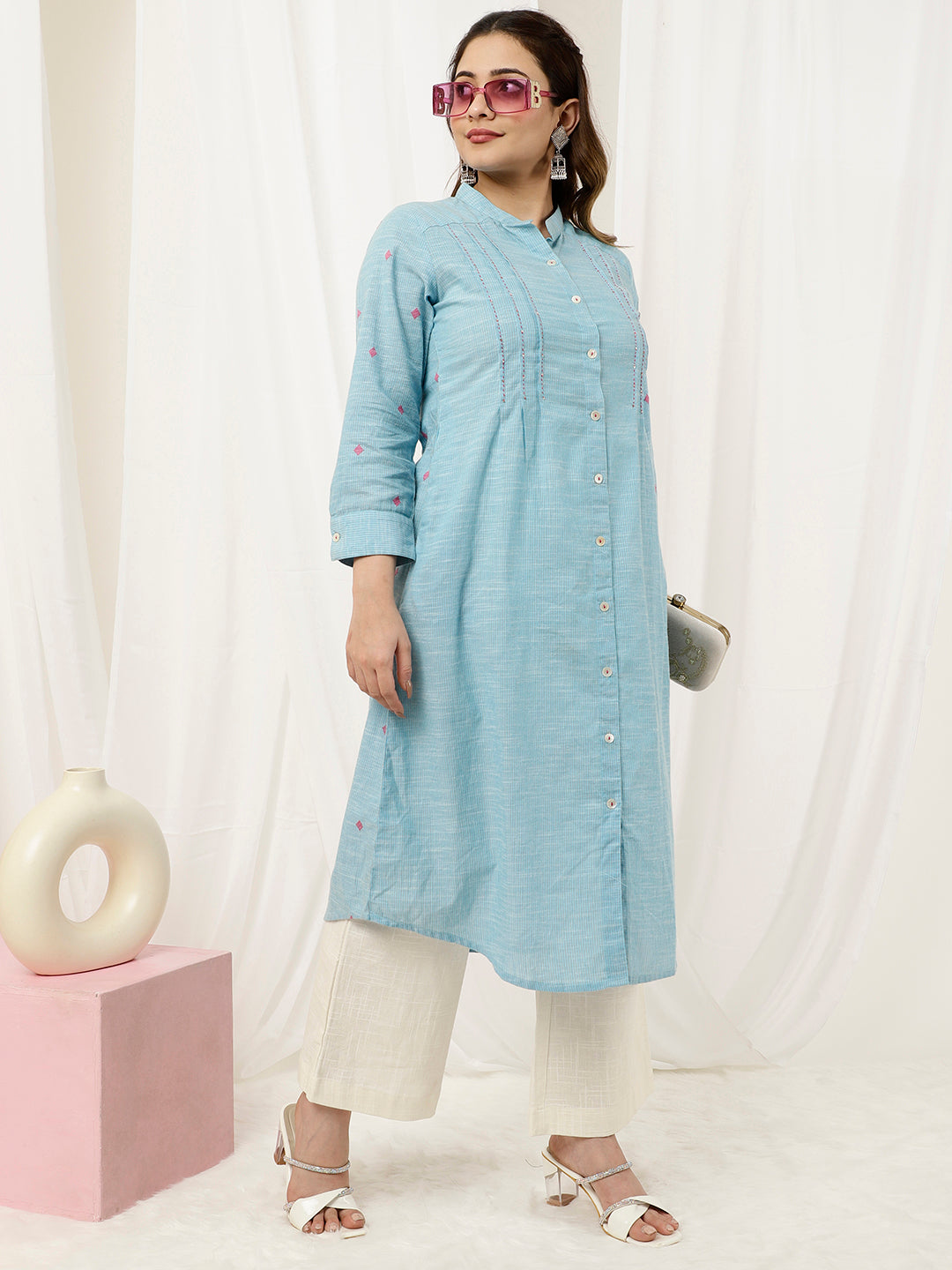 Blue Self Weave A-Line Kurta