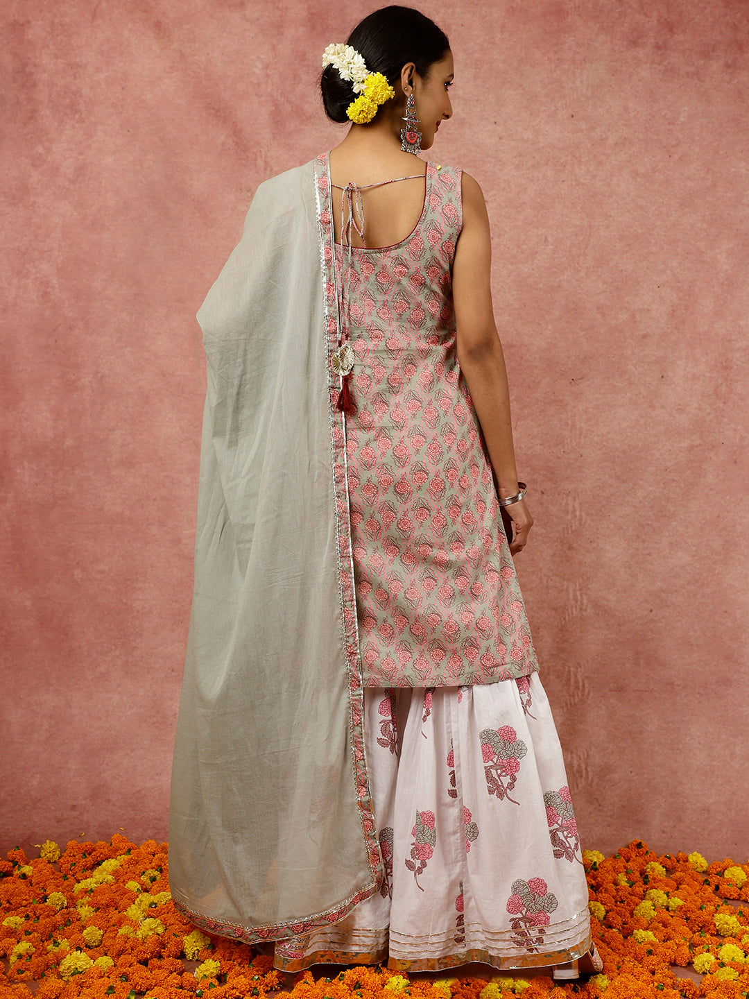 Sage Green Ethnic Floral Printed Straight Kurta With White Printed Sharara And Dupatta