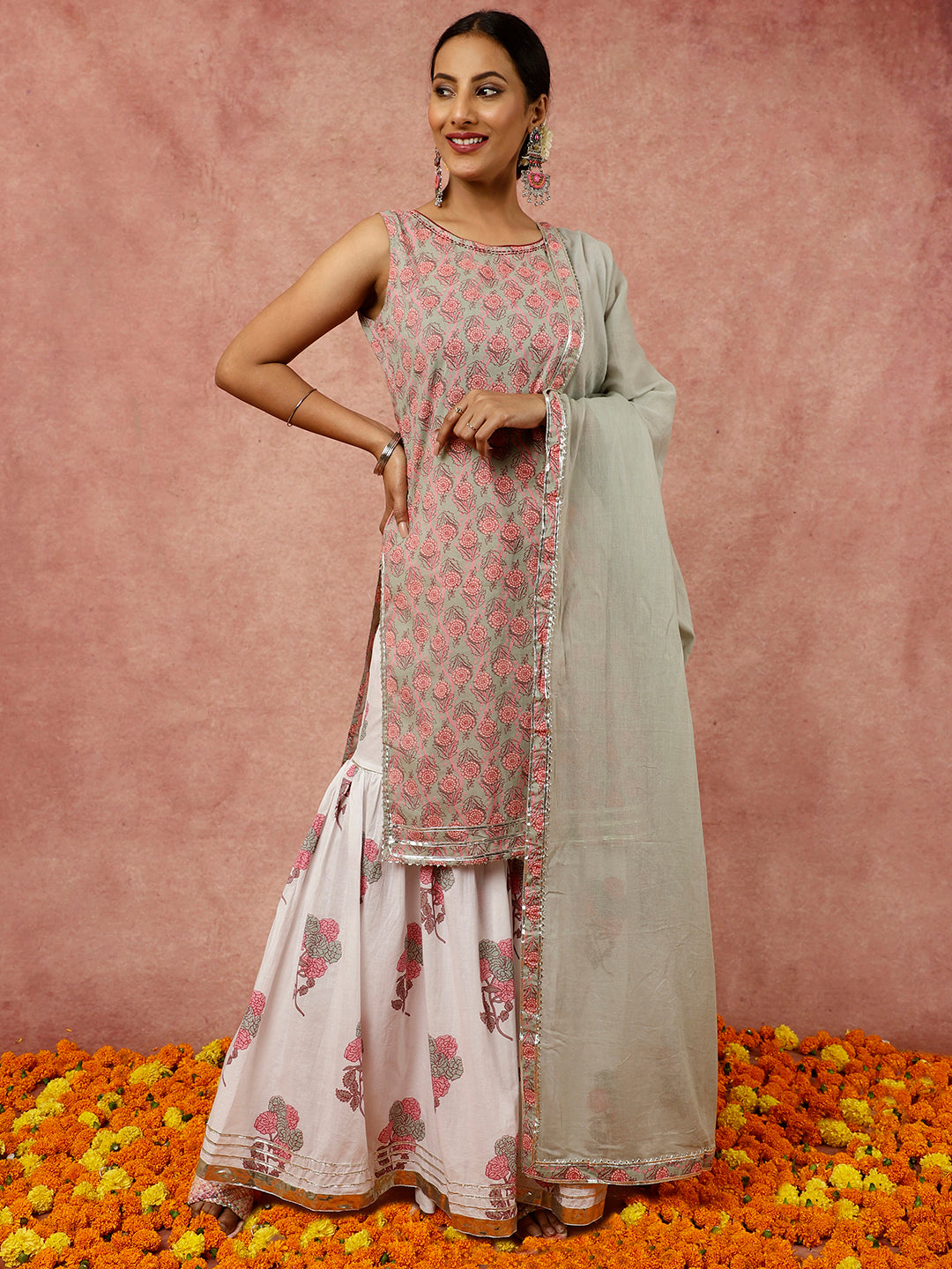 Sage Green Ethnic Floral Printed Straight Kurta With White Printed Sharara And Dupatta
