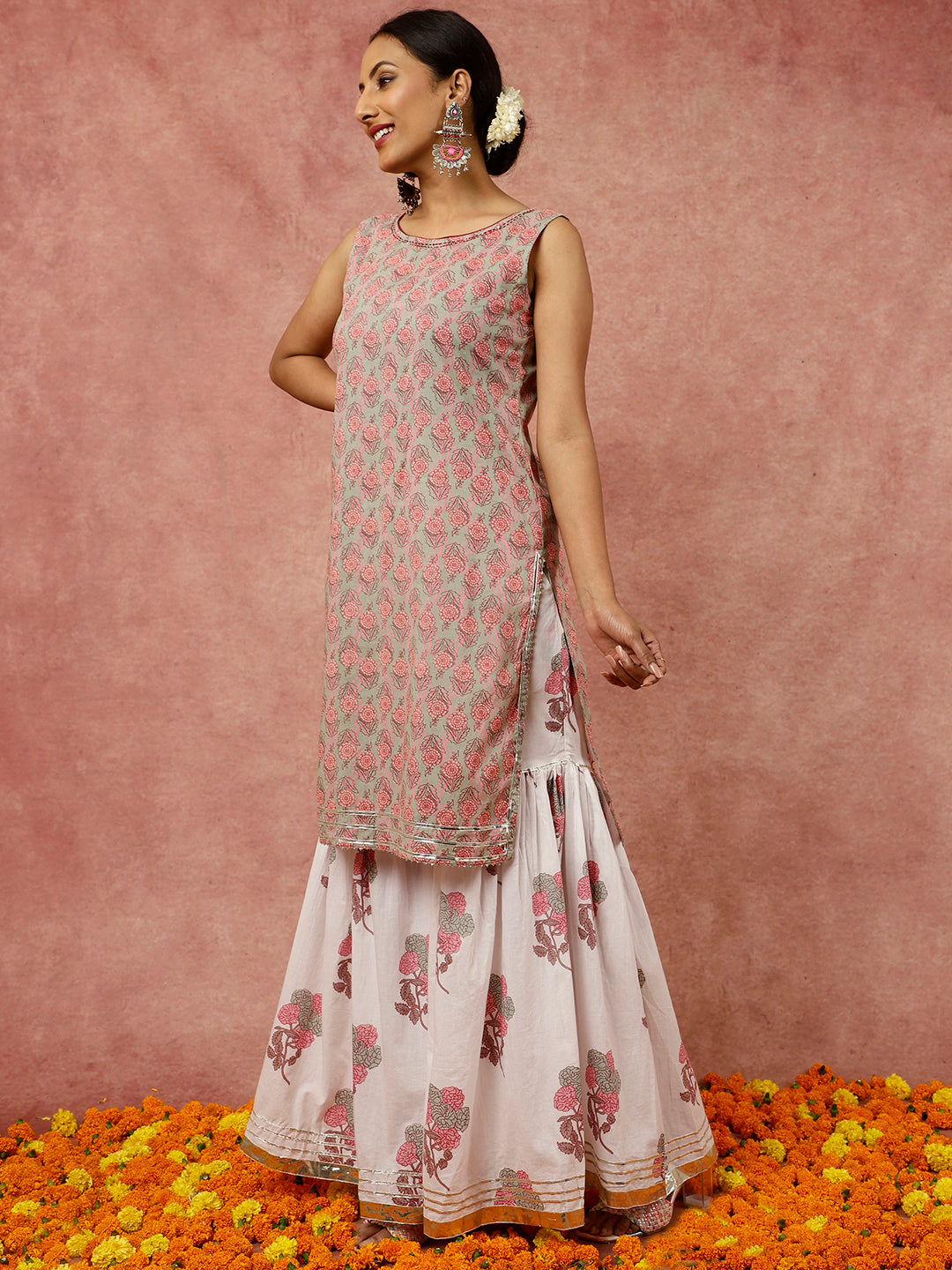 Sage Green Ethnic Floral Printed Straight Kurta With White Printed Sharara And Dupatta
