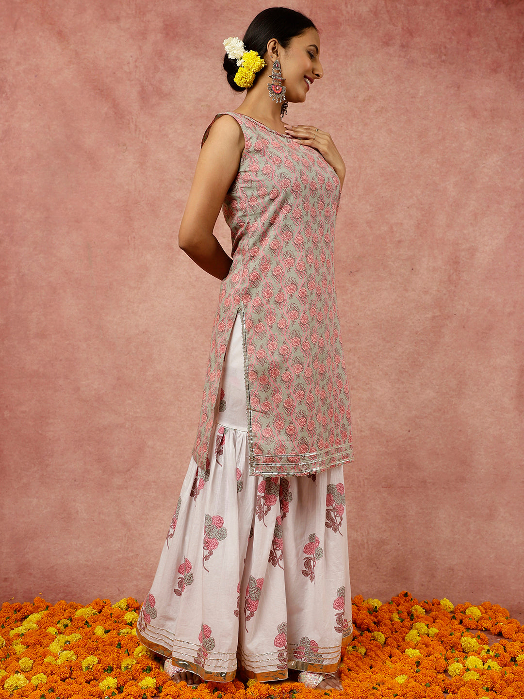 Sage Green Ethnic Floral Printed Straight Kurta With White Printed Sharara And Dupatta