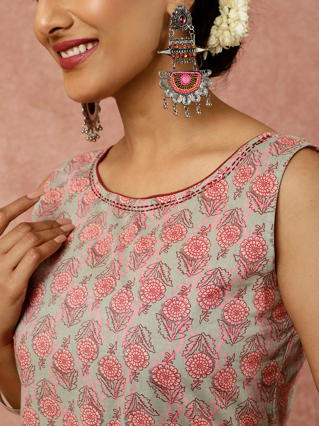 Sage Green Ethnic Floral Printed Straight Kurta With White Printed Sharara And Dupatta