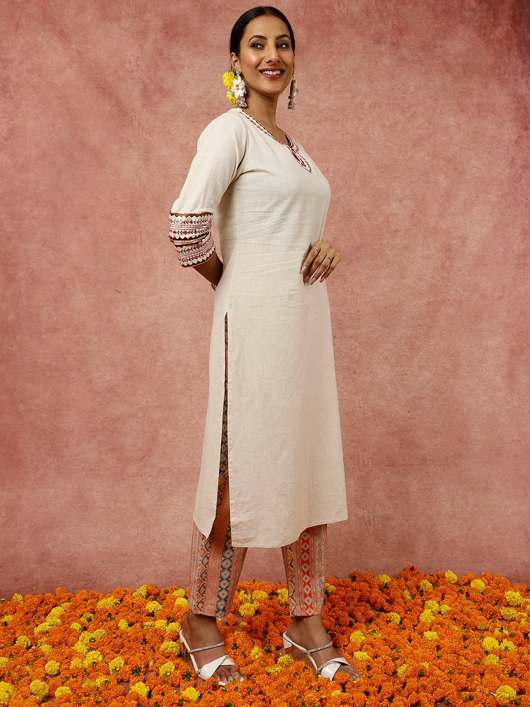 Mirror Embroidered Beige Straight Kurta With Geometric Printed Pants