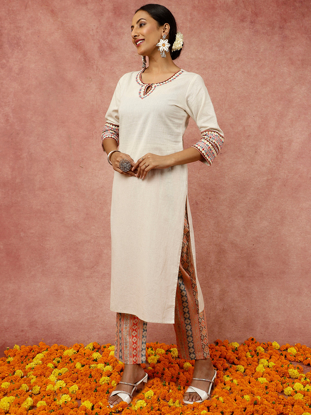 Mirror Embroidered Beige Straight Kurta With Geometric Printed Pants