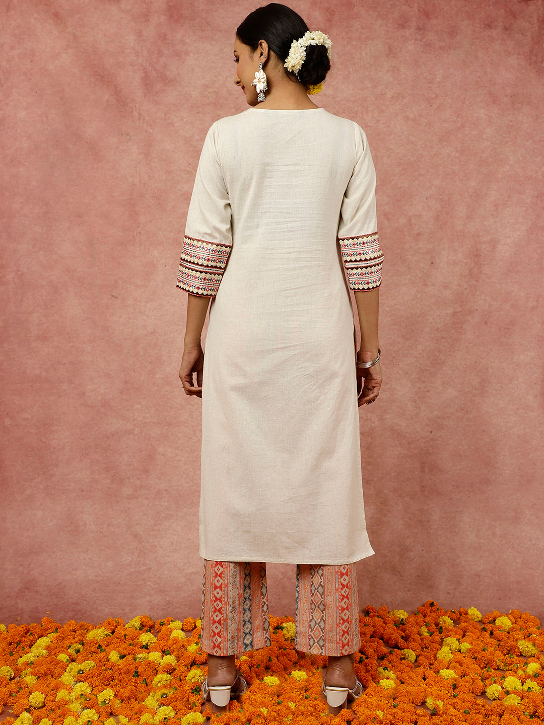 Mirror Embroidered Beige Straight Kurta With Geometric Printed Pants