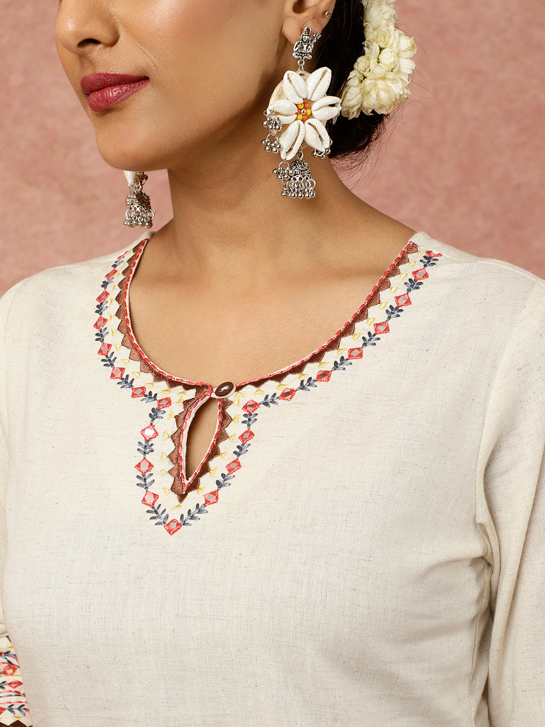 Mirror Embroidered Beige Straight Kurta With Geometric Printed Pants