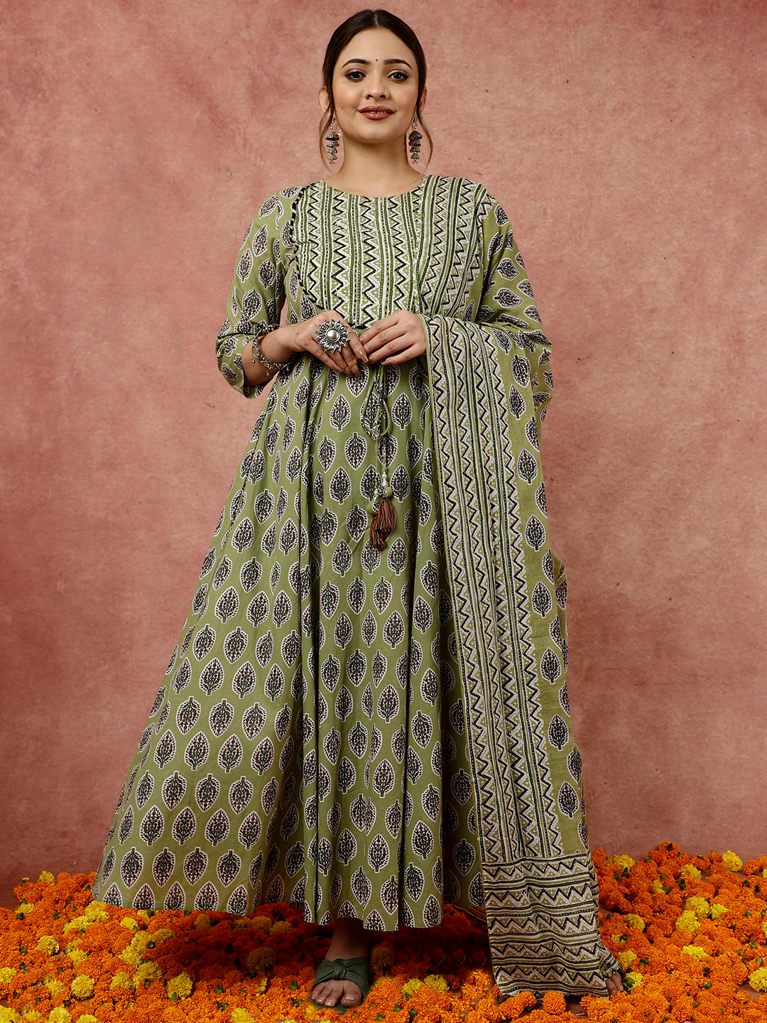 Green Flared Kurta With Zig-Zag Printed Pants And Dupatta