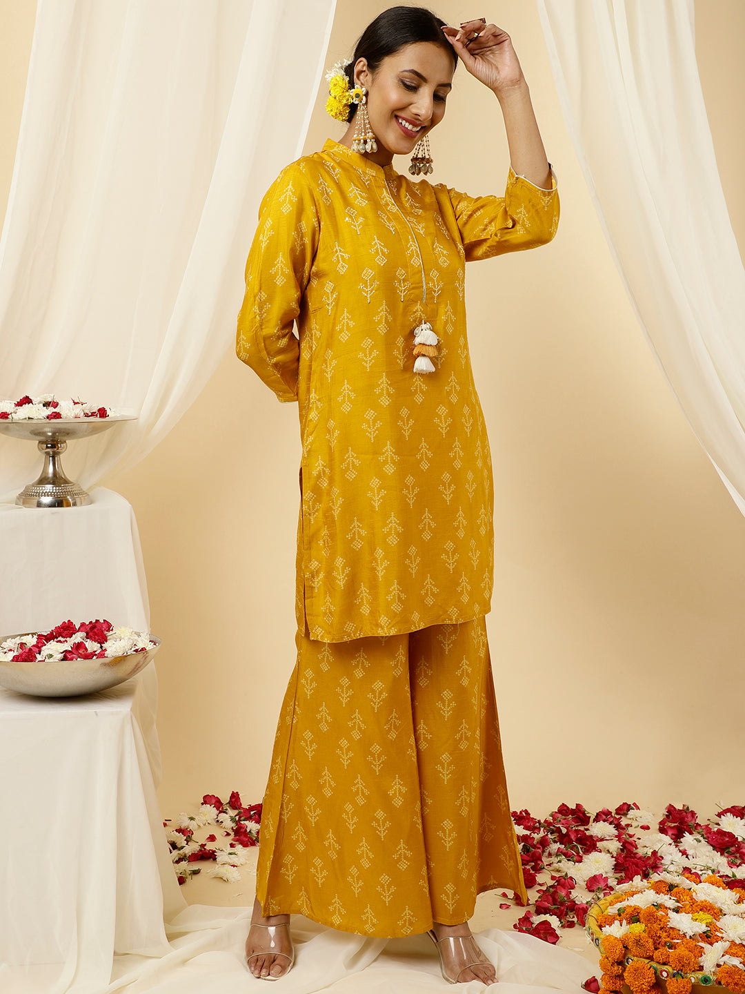 Bandhani Printed Dola Silk Mustard Co-ord Set