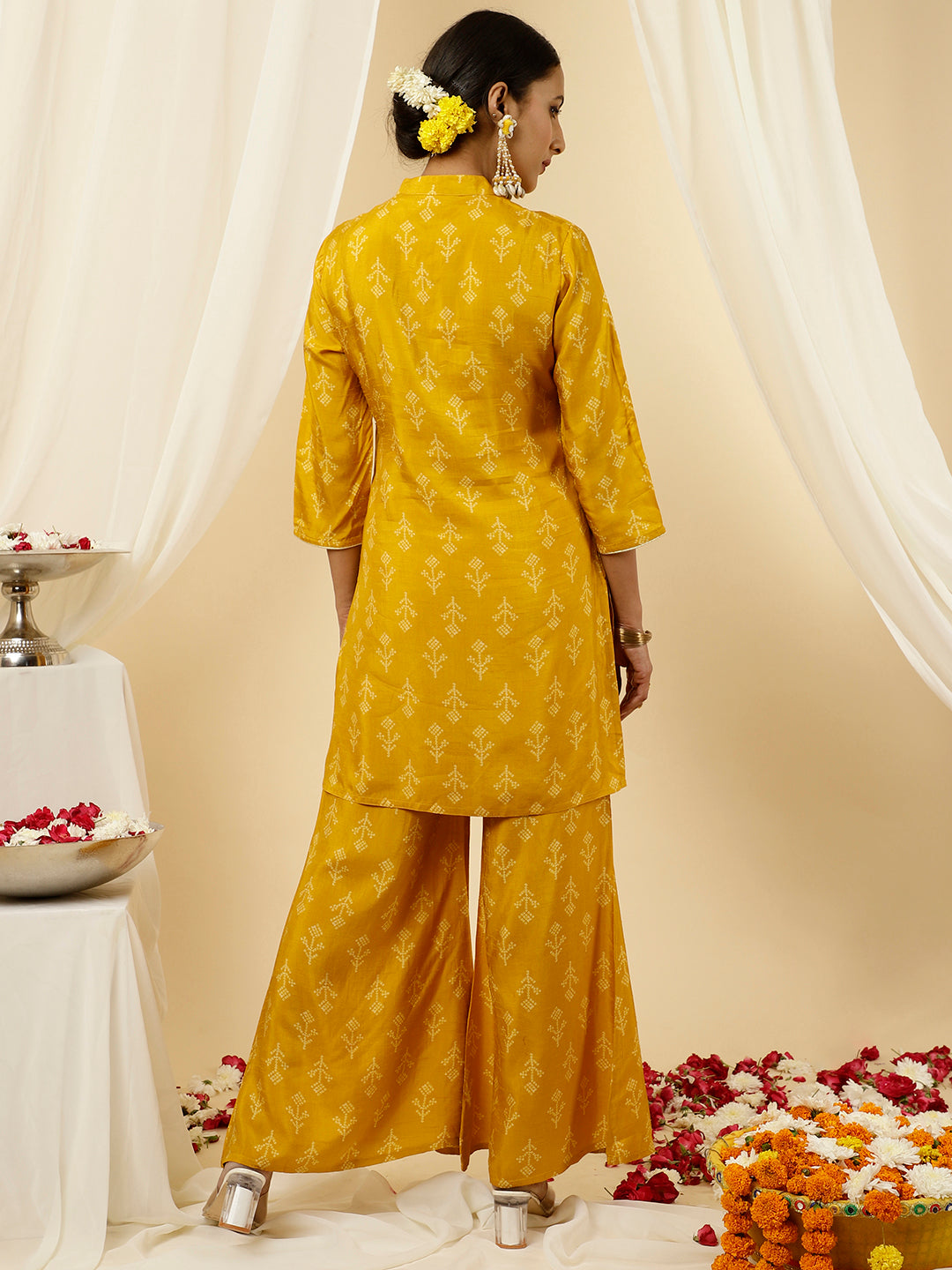 Bandhani Printed Dola Silk Mustard Co-ord Set