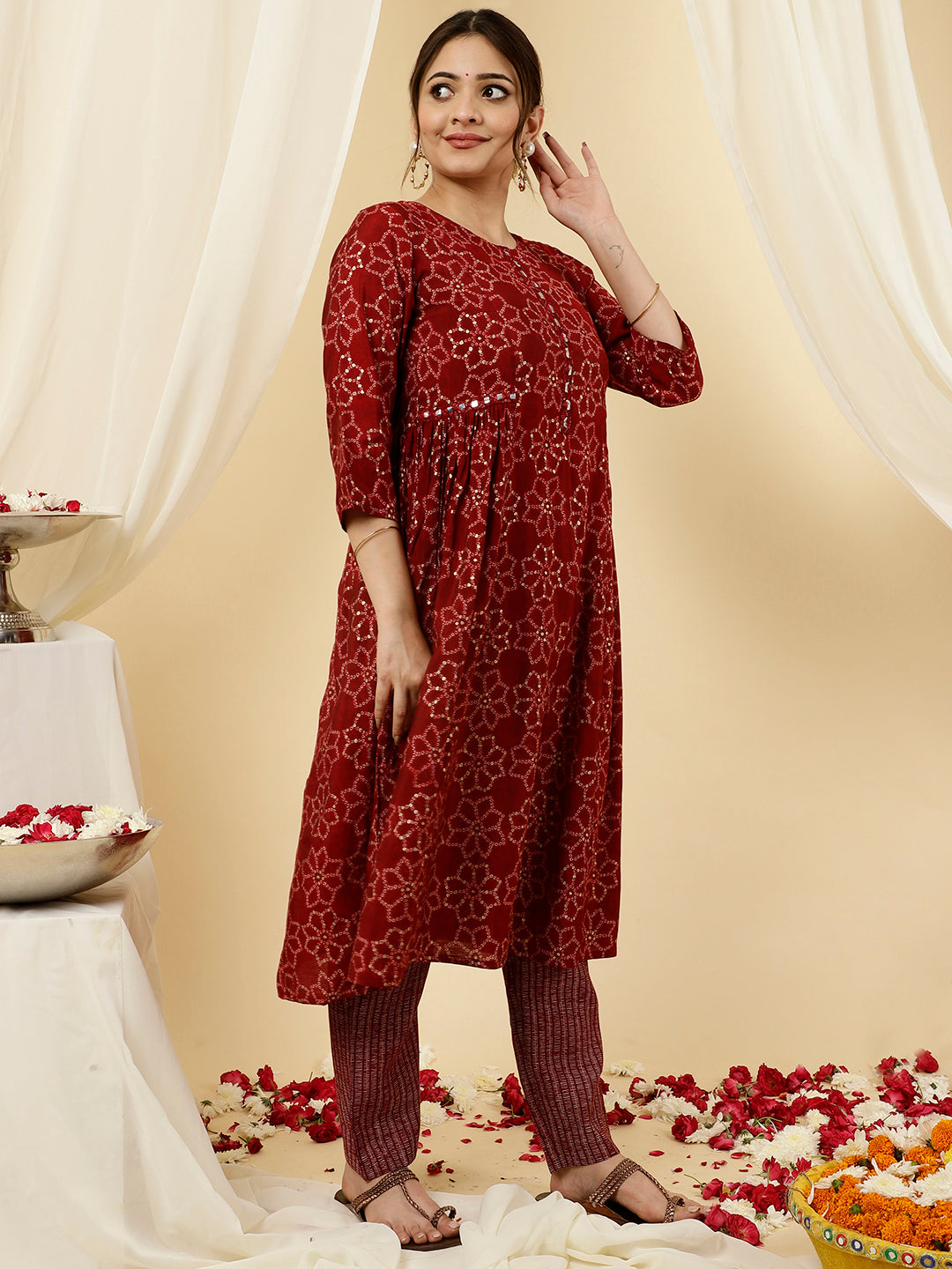 Red Bandhani Flared Print Kurta With Pants And Dupatta