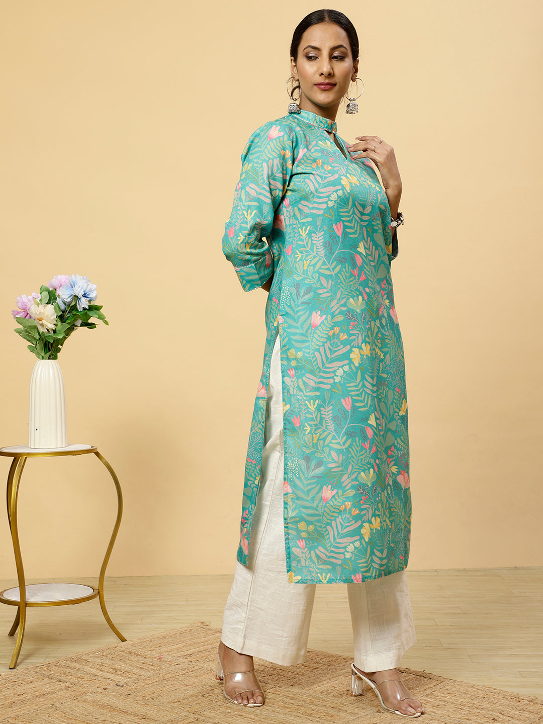 Floral Printed Green Straight Kurta
