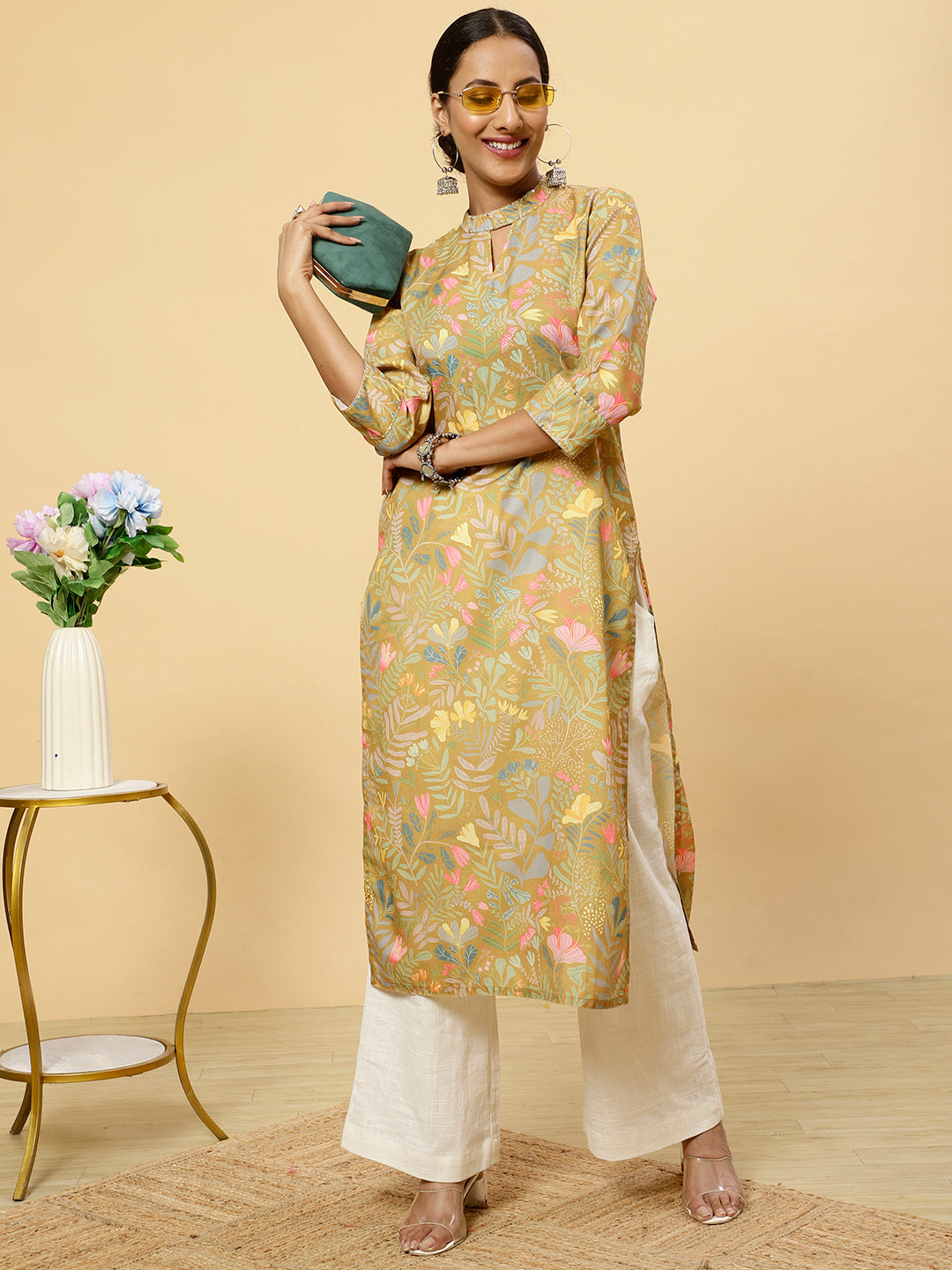 Floral Print Mustard Straight Kurta