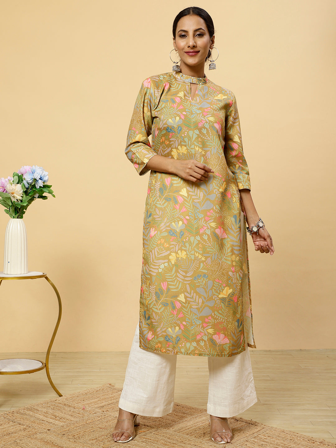 Floral Printed Mustard Straight Kurta