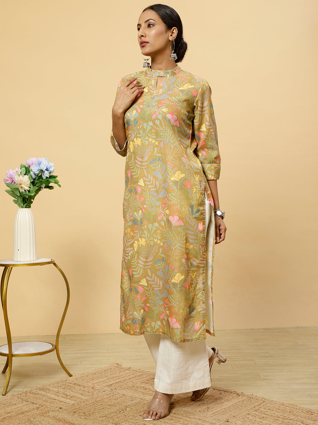 Floral Printed Mustard Straight Kurta
