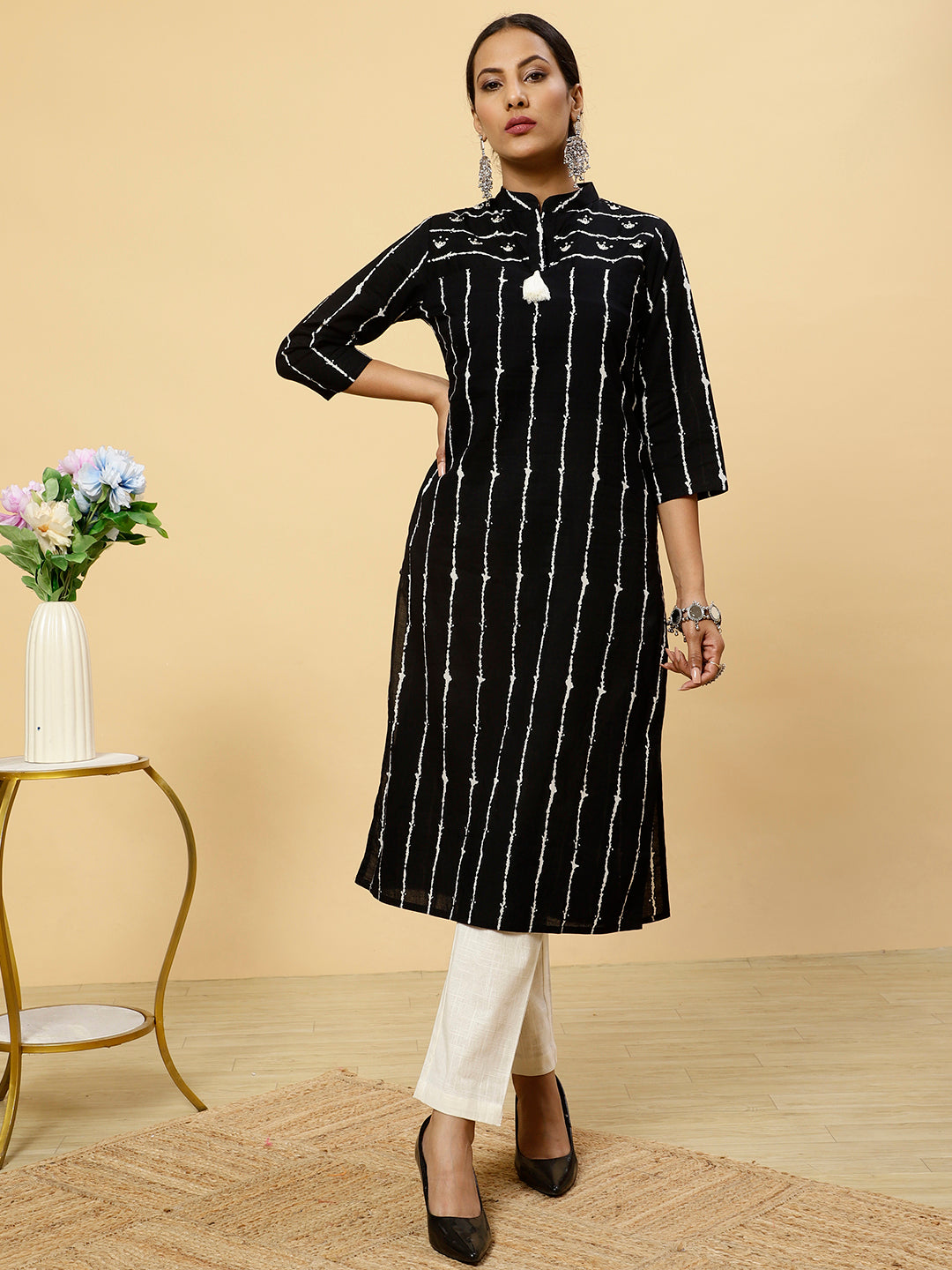 Black Striped Cotton Straight Kurta