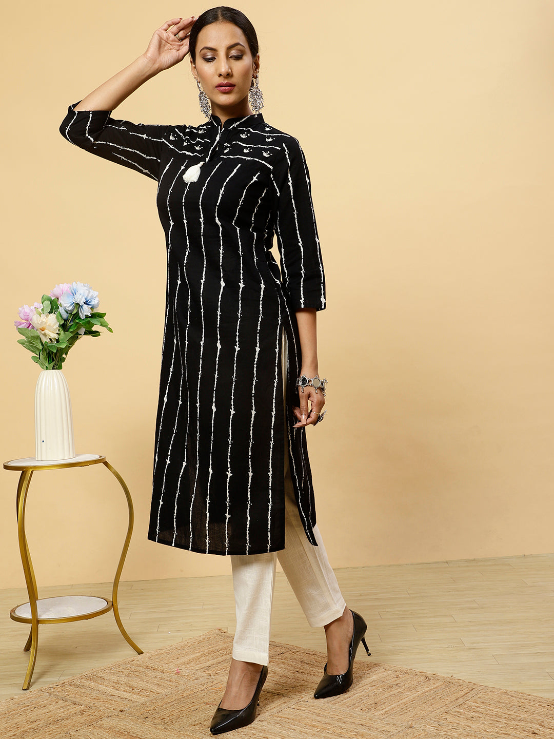 Black Striped Cotton Straight Kurta