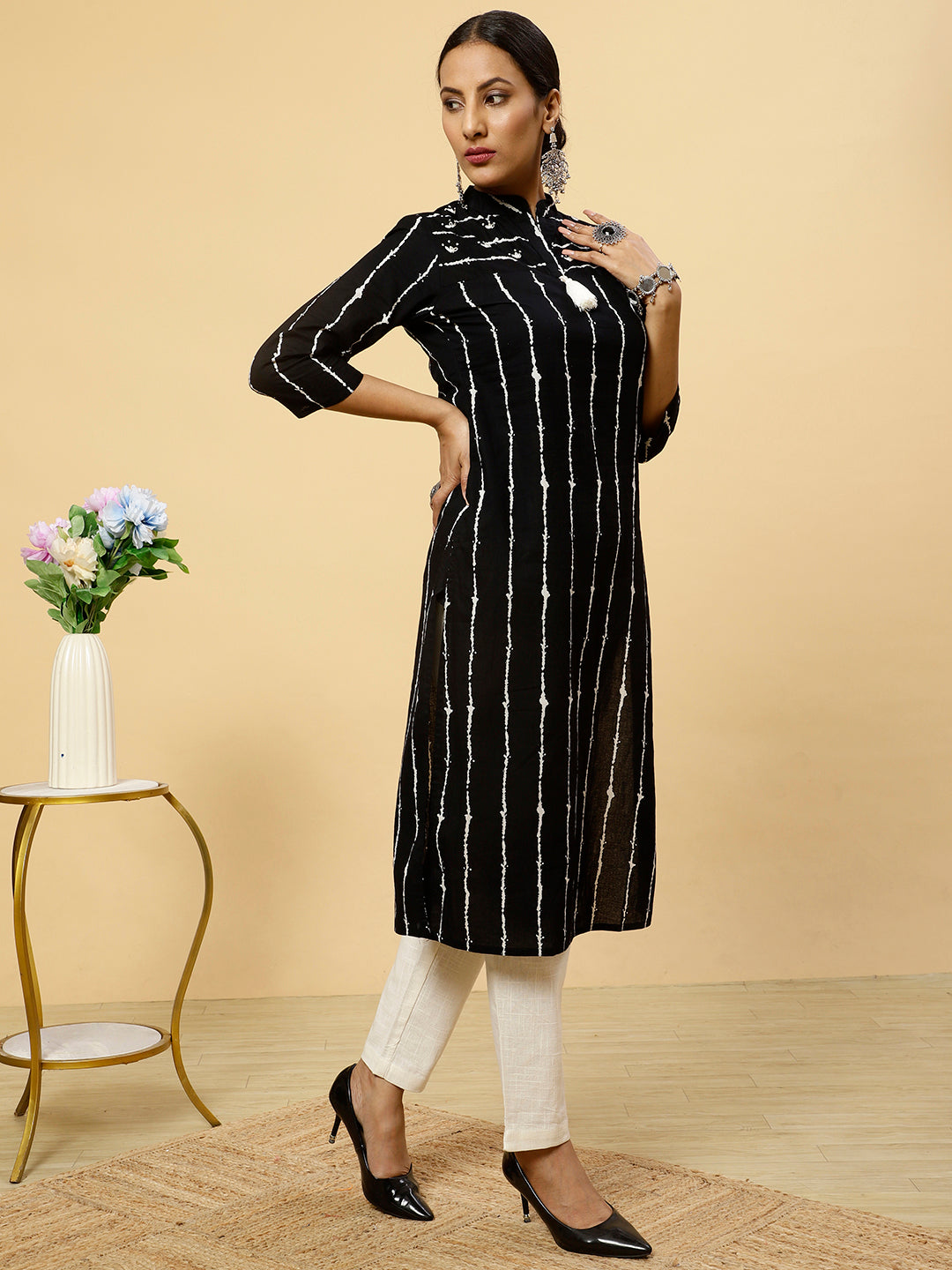 Black Striped Cotton Straight Kurta