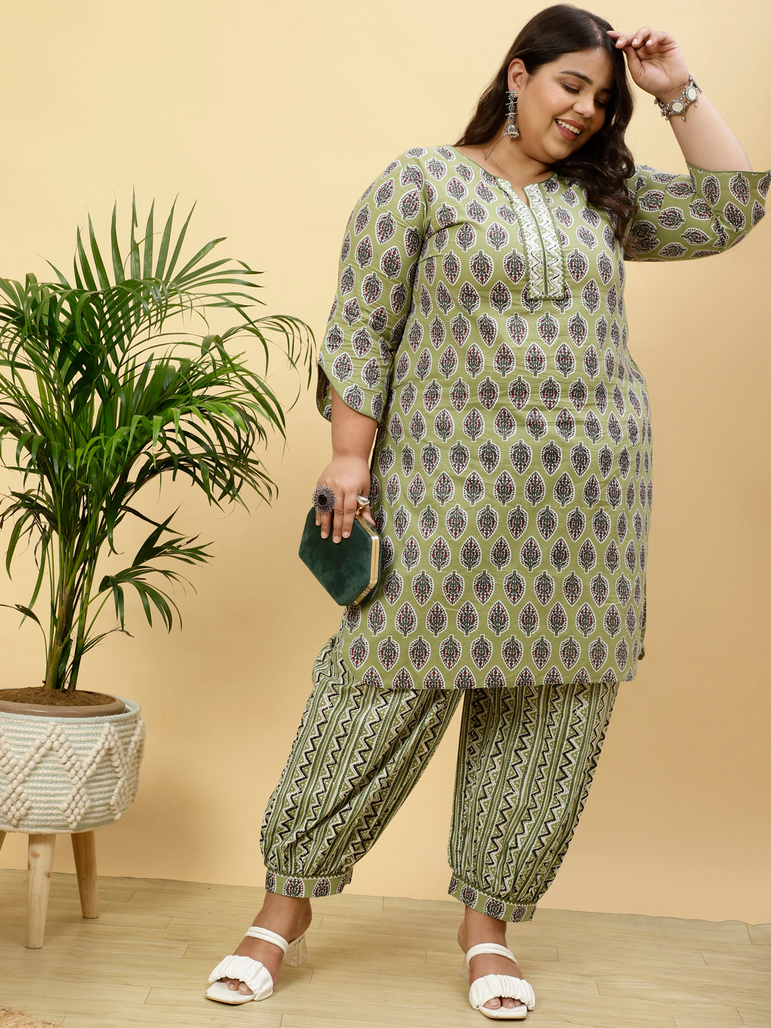 Plus Size Green Printed Kurta With Printed Afghani Salwar