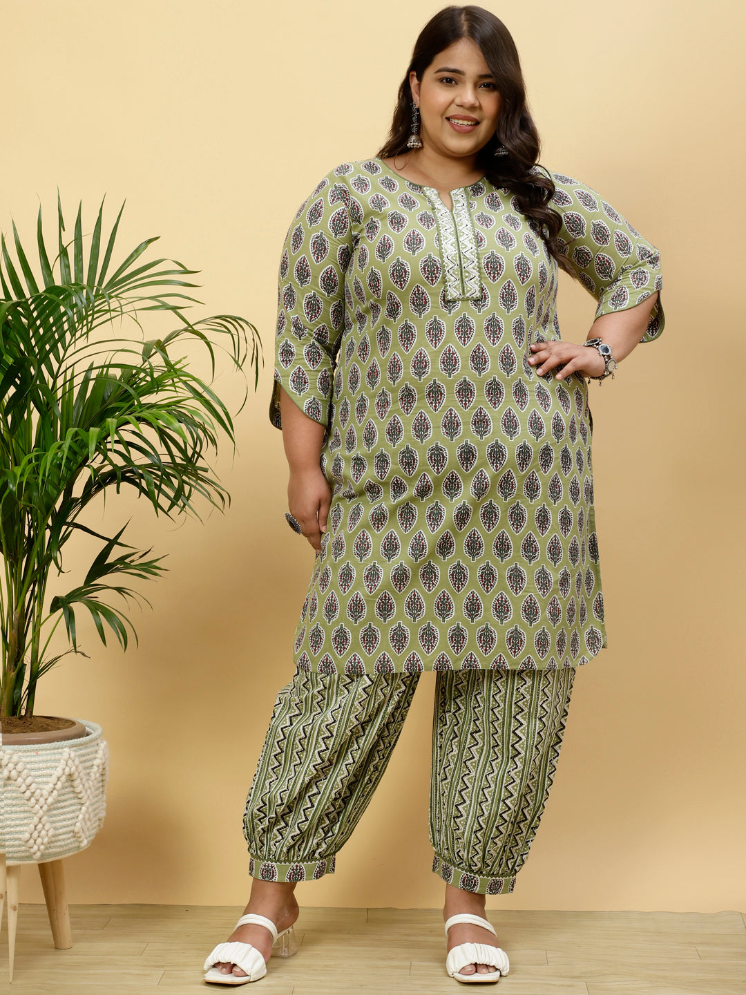 Plus Size Green Ethnic Printed Kurta With Printed Afghani Salwar