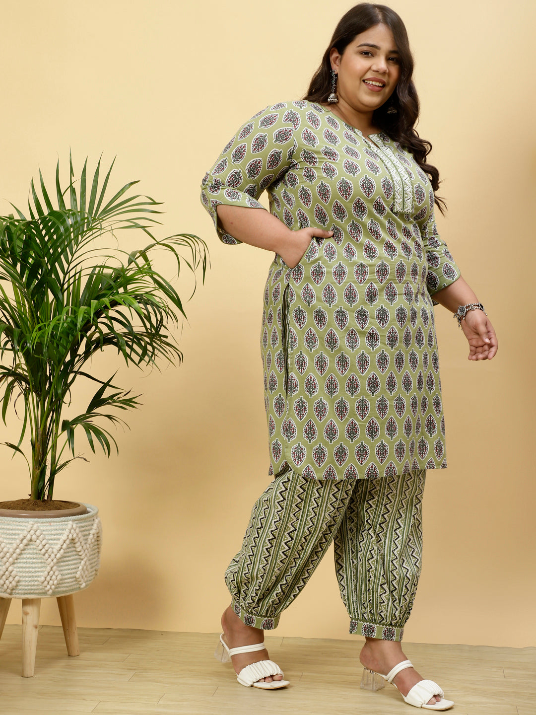 Plus Size Green Ethnic Printed Kurta With Printed Afghani Salwar