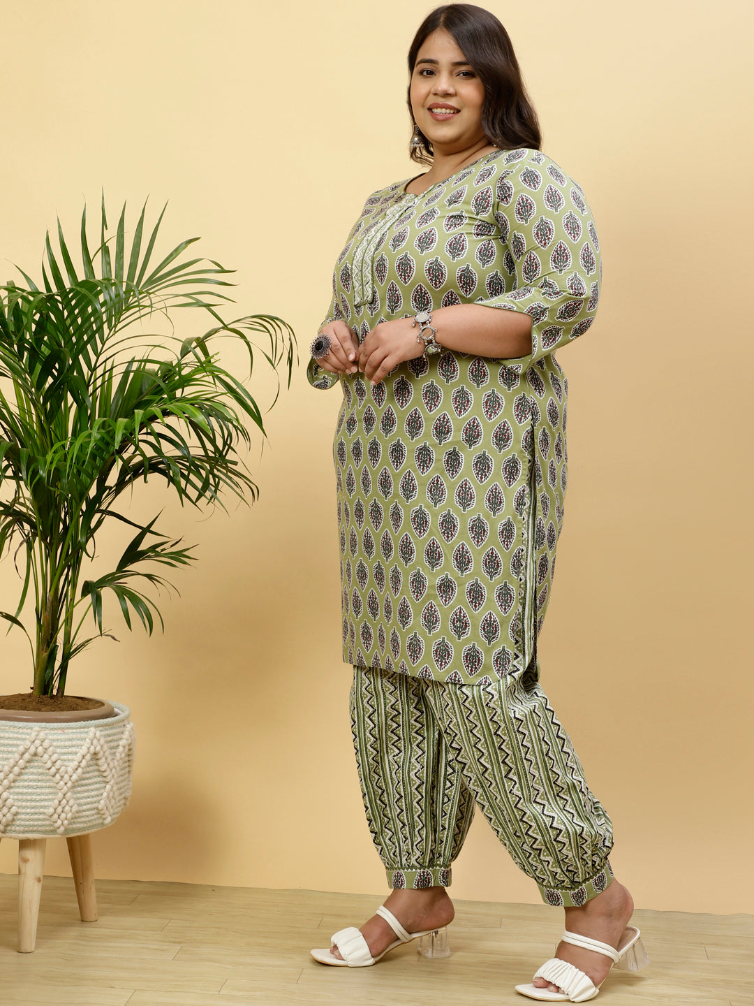 Plus Size Green Ethnic Printed Kurta With Printed Afghani Salwar