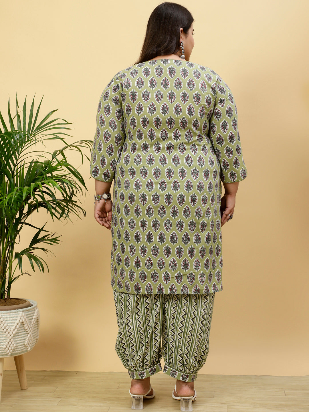 Plus Size Green Ethnic Printed Kurta With Printed Afghani Salwar