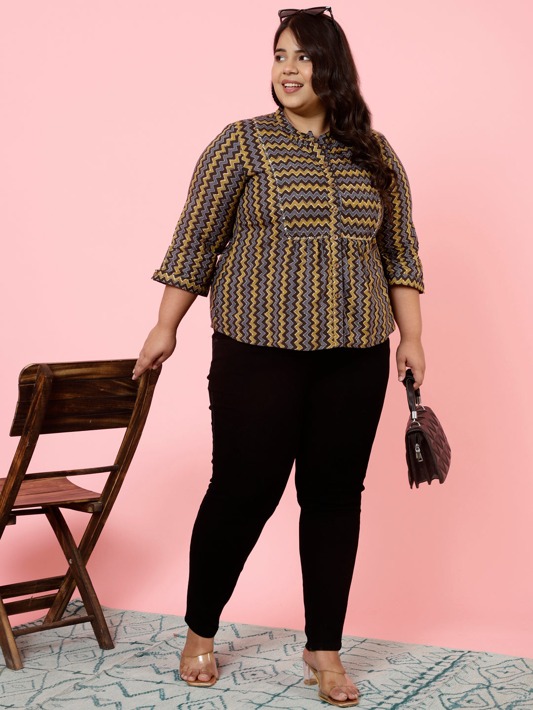 Plus Size Charcoal Zig-Zag Printed Top