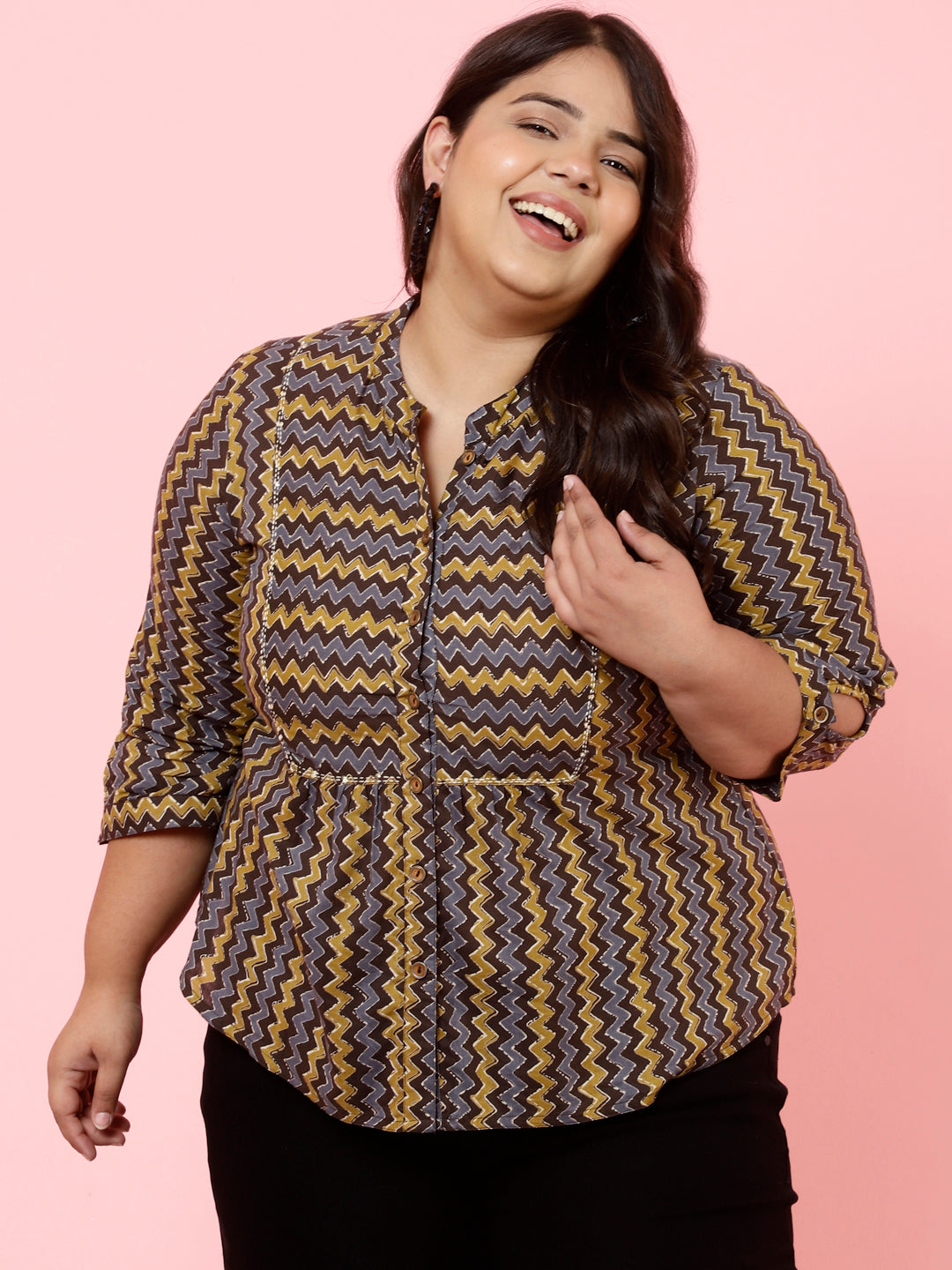 Plus Size Charcoal Zig-Zag Printed Top