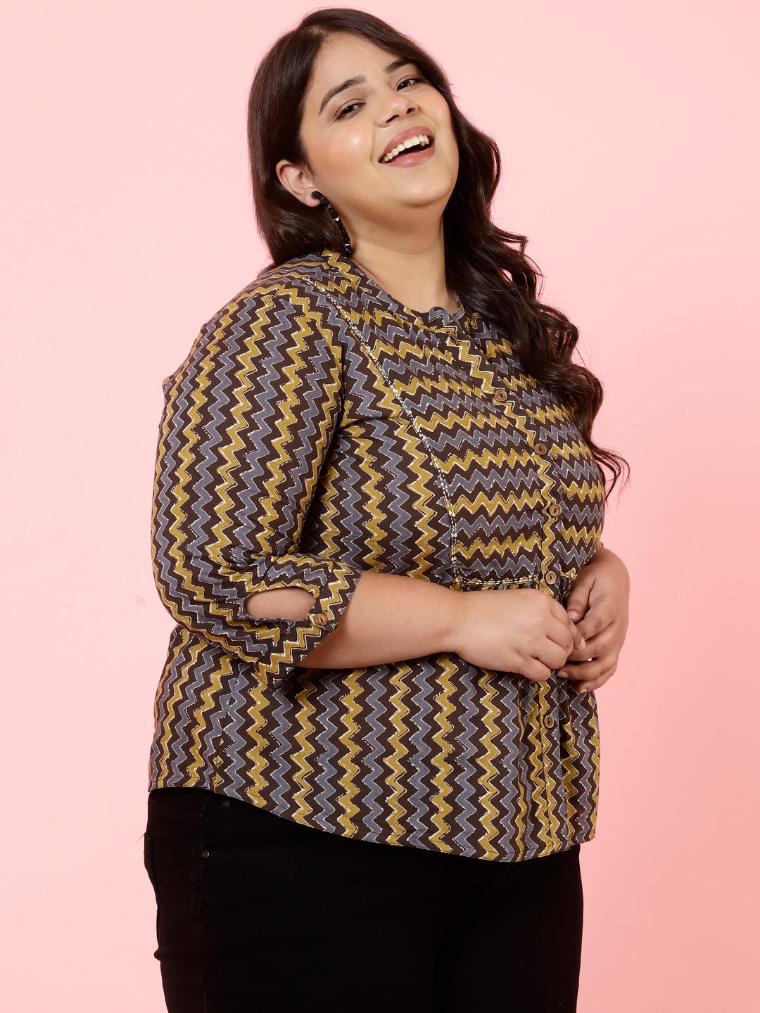 Plus Size Charcoal Zig-Zag Printed Top