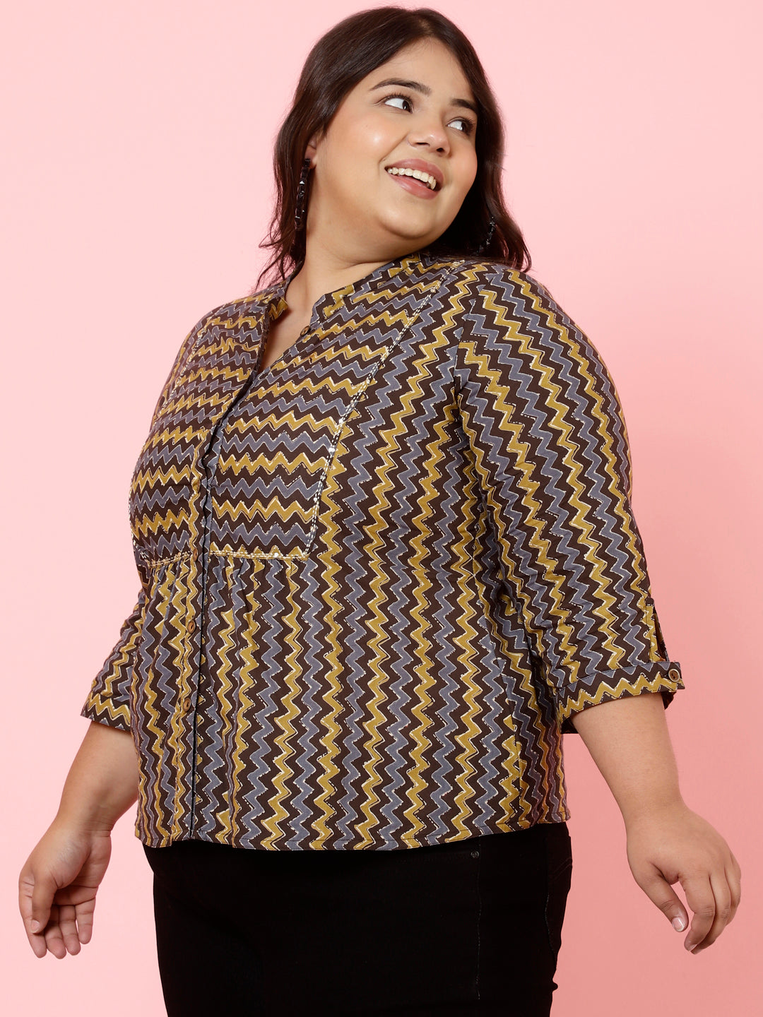 Plus Size Charcoal Zig-Zag Printed Top