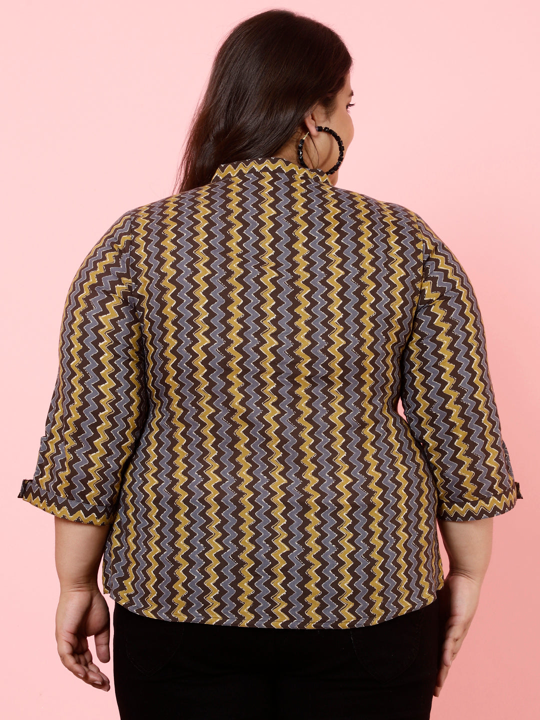 Plus Size Charcoal Zig-Zag Printed Top